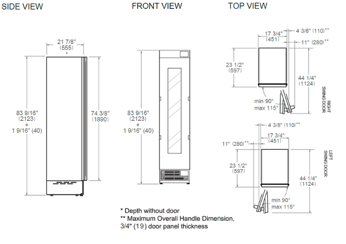 212cm Wijnklimaatkast 45cm breed, flessen rechtsdraaiend | Bertazzoni